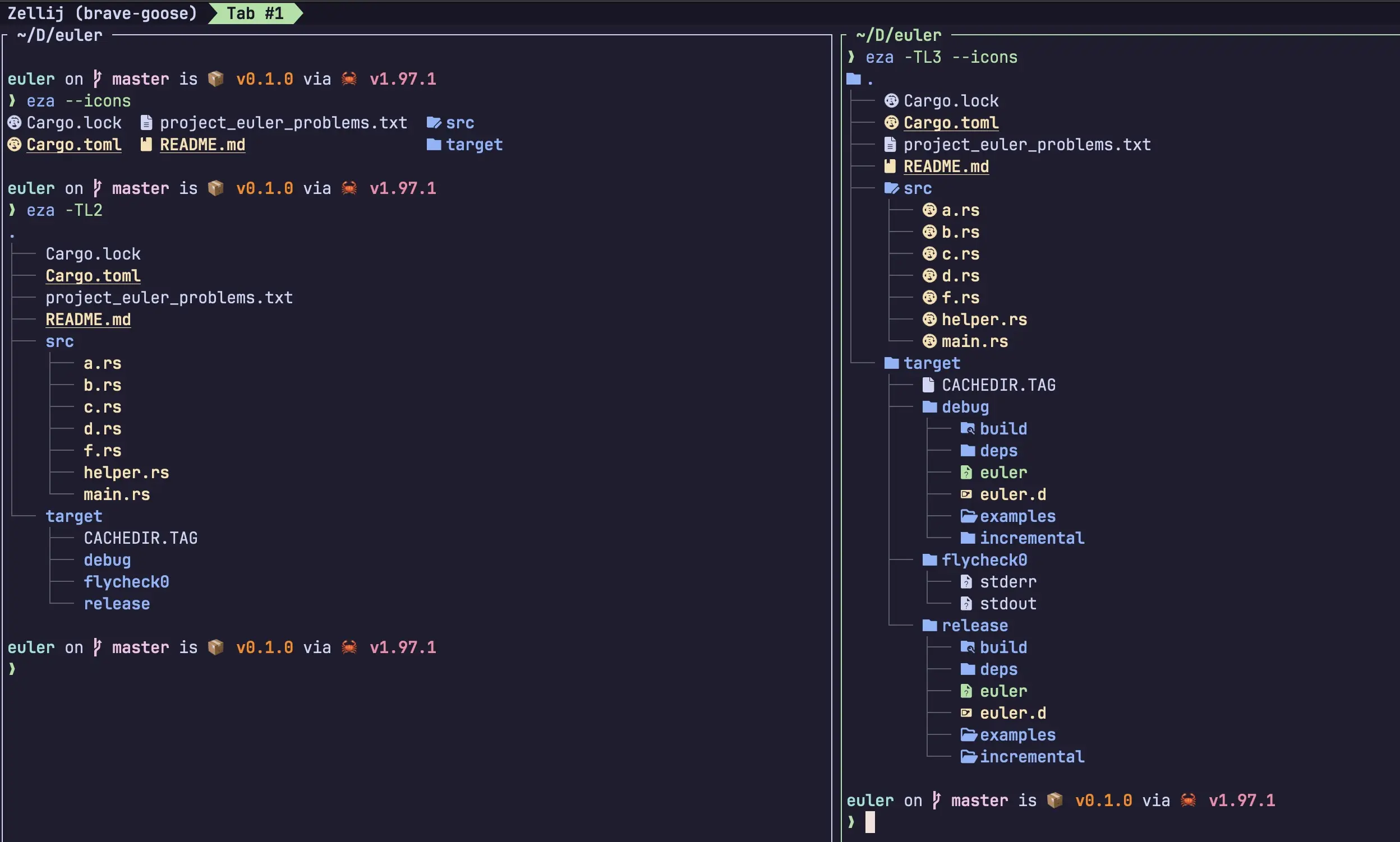 a split pane with zellij showing eza