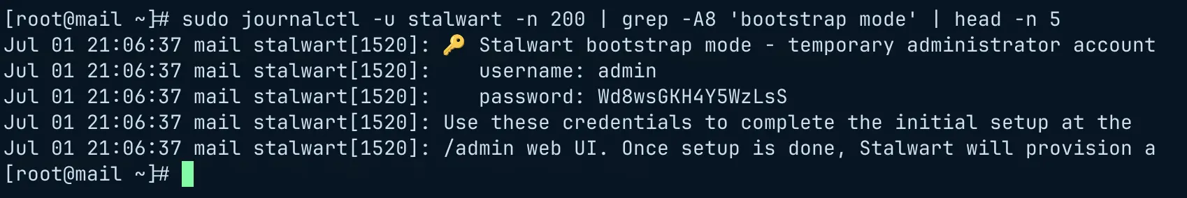 the credentials shown in the log